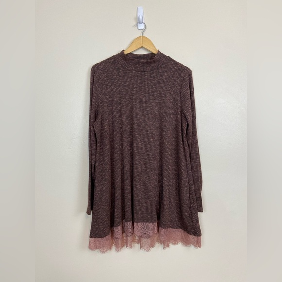 LOGO Lori Goldstein Mock Neck Tunic Top 1X Brown Pink Lace Hem Long Sleeve - Picture 1 of 8